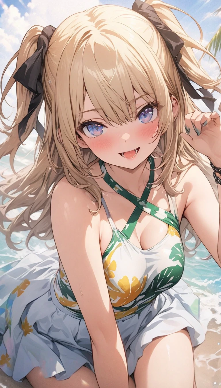 cute girl, wearing a swim wear, bikini, big blast, weat skin, weat hair, smile, (masterpiece, best quality, highly detailed, ultra detailed, absurdres:1.3), (1girl, cute, charming, detailed beautiful face:1.3), (fantastic illustration, beautiful detail, best quality, top quality, high quality, fain touch outline:1.3), watercolor, clear, beautiful detail, background beach, sunshine, enjoy summer, beautiful detail