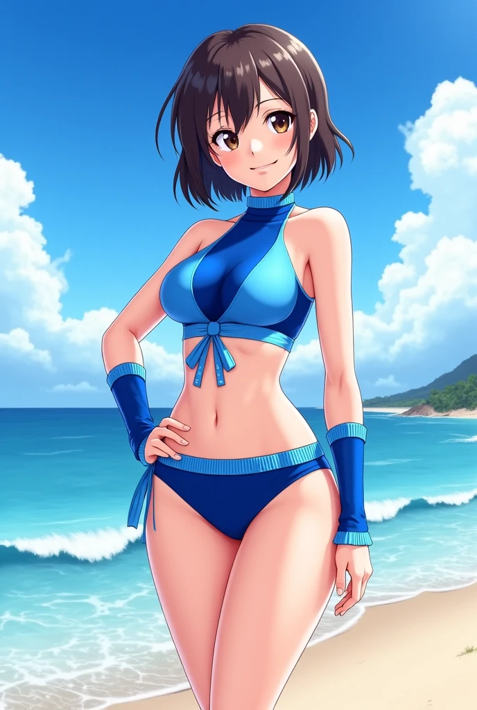 8K, (best quality:1.3), (masterpiece:1.3), (detailed:1.2), 1girl, solo, ((26 year old:1.3, Filipino Woman:1.3, short black hair:1.3, Amber eyes:1.2, Detailed face, Detailed eyes, tanned bronze skin:1.08, agile physique:1.08, Perfect Anatomy, (mature female),(shiny skin), glossy lips, lipstick, (Wearing: Strapless Blue bikini bra, Blue Bikini bottom, bracelets:1.2)), (Character Focus),Perfect Anatomy,(Professional Lighting), Looking at Viewer, (hands on hips), (Smiling),blush,(super detailed skin), dynamic pose, (Background: outdoors, beach of the Philippines), full body,