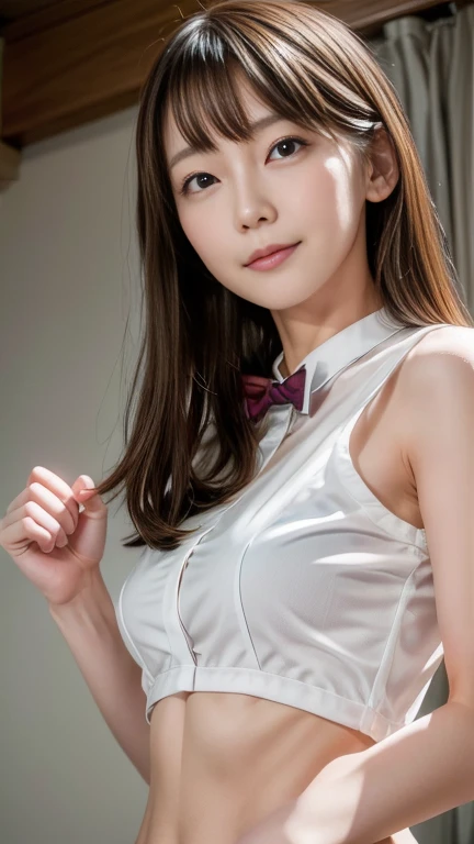 (Masterpiece: 1.3), (Maximum resolution: 1.4), (Ultra HDTV: 1.2), Cinema light, Ultra HDTV, Detailed eyes and skin, Detailed facial features, HDR, 8k resolution, Sharp Focus, Perfect style, beautiful face, highly detailed face and skin texture, detailed eyes, double eyelids, thin eyebrows, (glitter eyeliner: 1.2), pale cheeks, fair skin:1.2, shiny little neckless and earrings, glossy lips: 1.2, (layered hairstyle, (dark-brown hair:1.3), blonde-colored inner hair), medium long hair, BREAK (She is wearing Button Up high-school uniform:1.3), (large breasts: 1.4), (cleavage:1.4), ((She is kneeling to me:1.3)), (gyaru's sister:1.2), (very provocative smile:1.2), (Small and beautiful hard nipple:1.2), (navel baring), BREAK ((Cowboy Shot: 1.2)), ((From a very intimate distance: 1.2)), ((luxury bedroom at night:1.4)), (sweaty skin:1.4),