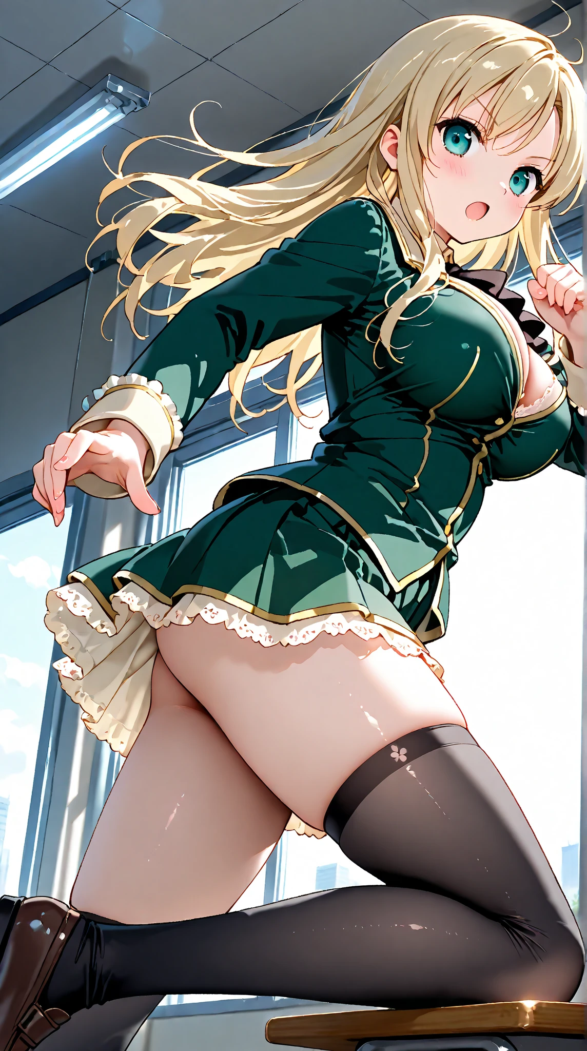 1 women, green blouse, green skirt, white socks, blonde ponytail, no bra, blue eyes