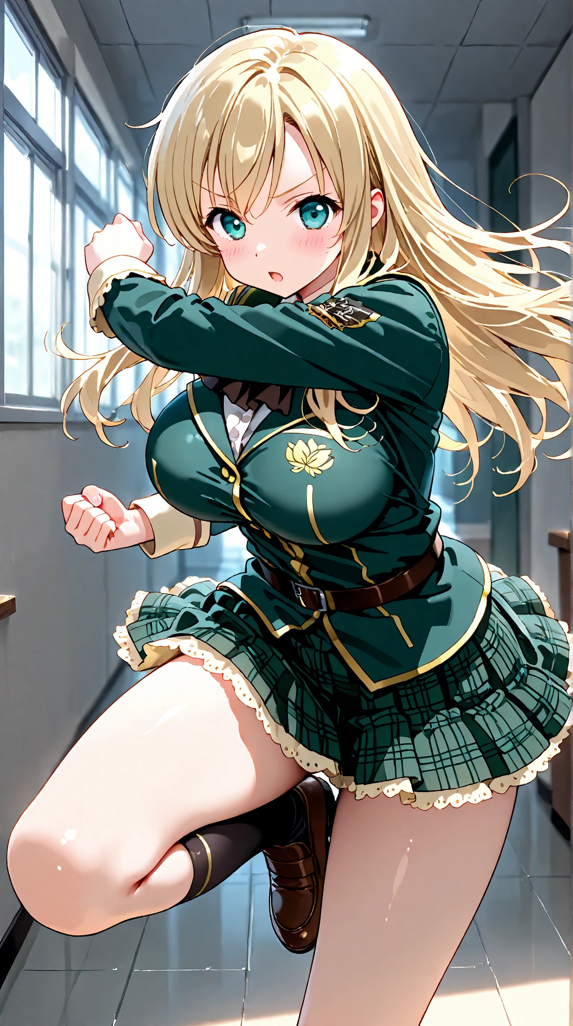 Rei Miyamoto, hotd, short green pleated skirt, A white blouse, white mid thigh stockings, Thighs, big breasts, spreadlegs, showing pussy