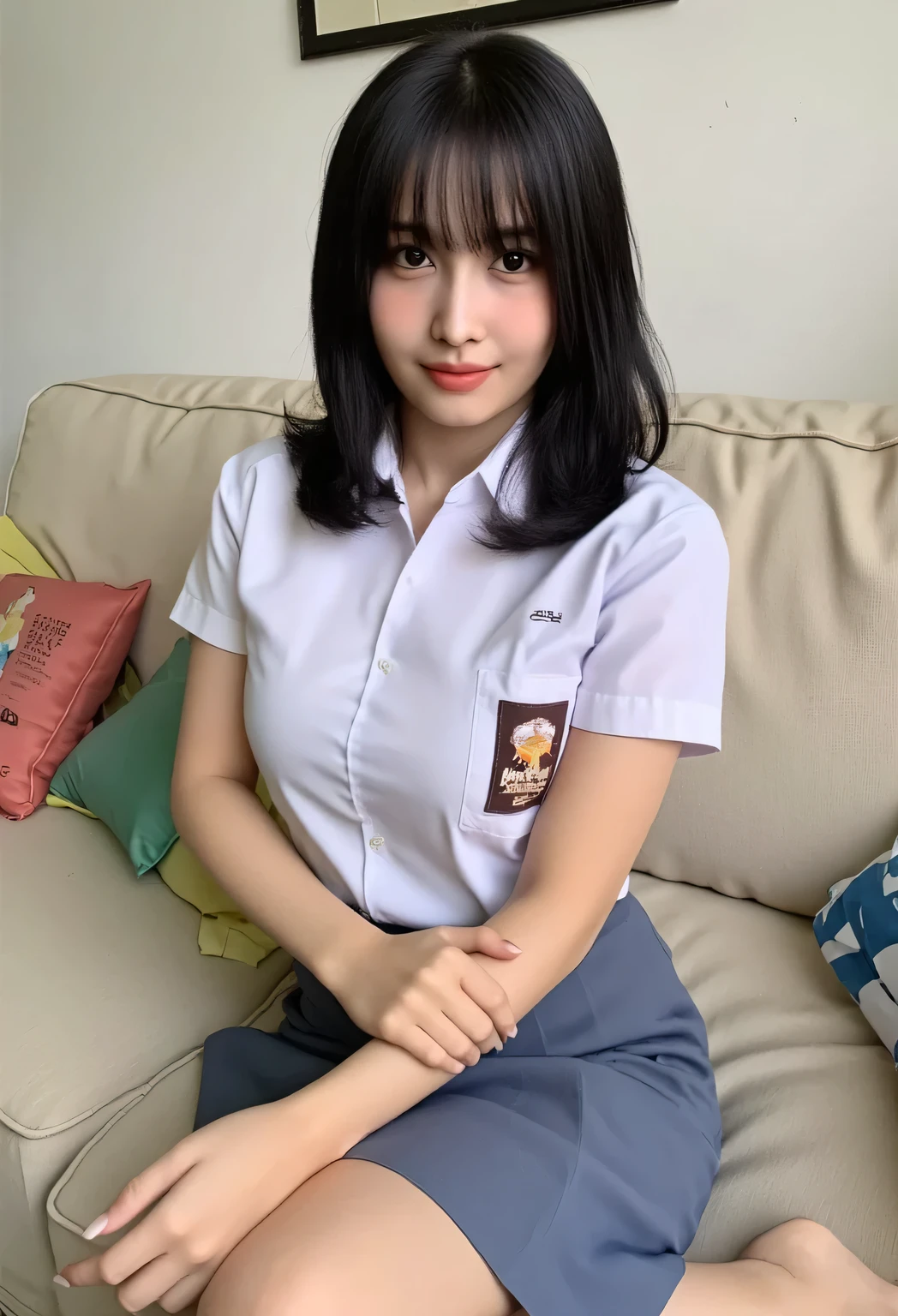 a schoolgirl, sitting strapping on the living room sofa, body looking camera, use white short sleeve indonesian school uniform, rok warna biru muda, payudara besar, rambut hitam pendek