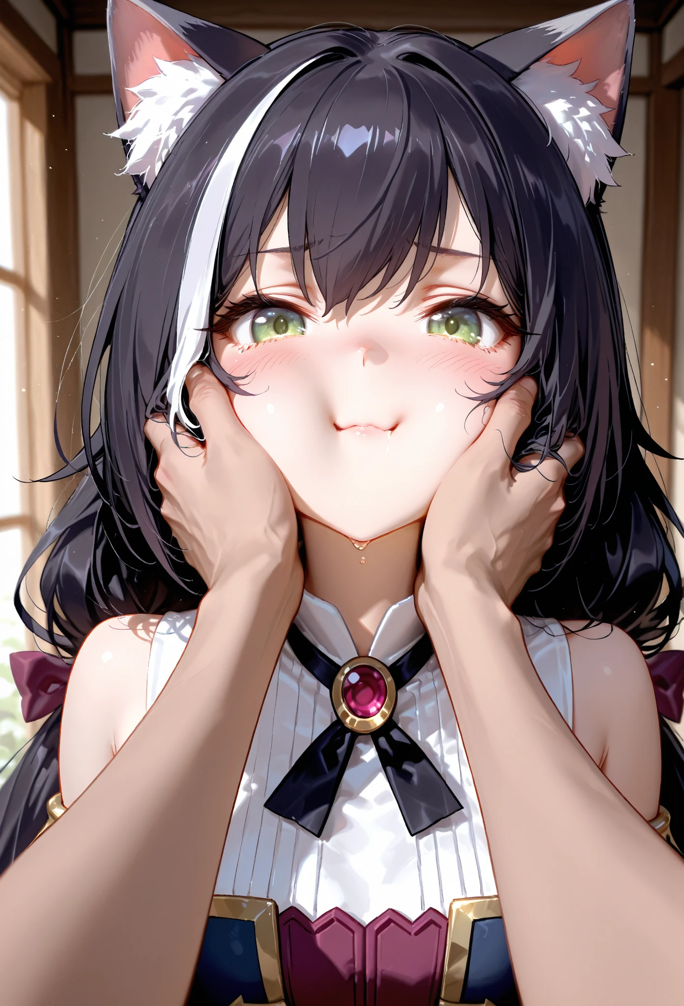 ultra-detailliert, Best Quality, hight resolution, moe-anime, ((A petite, black-haired girl with a big face and cute droopy eyes wears round glasses and looks up.)), (((Beautiful girl with droopy eyes:1.4))), (((Ahegao))), Pretty eyes, Detailed eye depiction, Eye sparkle, Looking at Viewer, pale skin, (((Petite))), (flat chest:1.4), (blush:1.2), (big eye:1.4), a smile, In a church, Focus on the face, Long hair with twin tails, sitting on, ((super close up of tongue)), (((from above))), open_mouth, (((face only:1.4))), ((naked)), nsfw, Pure White Wedding Dresses, Veil on the head