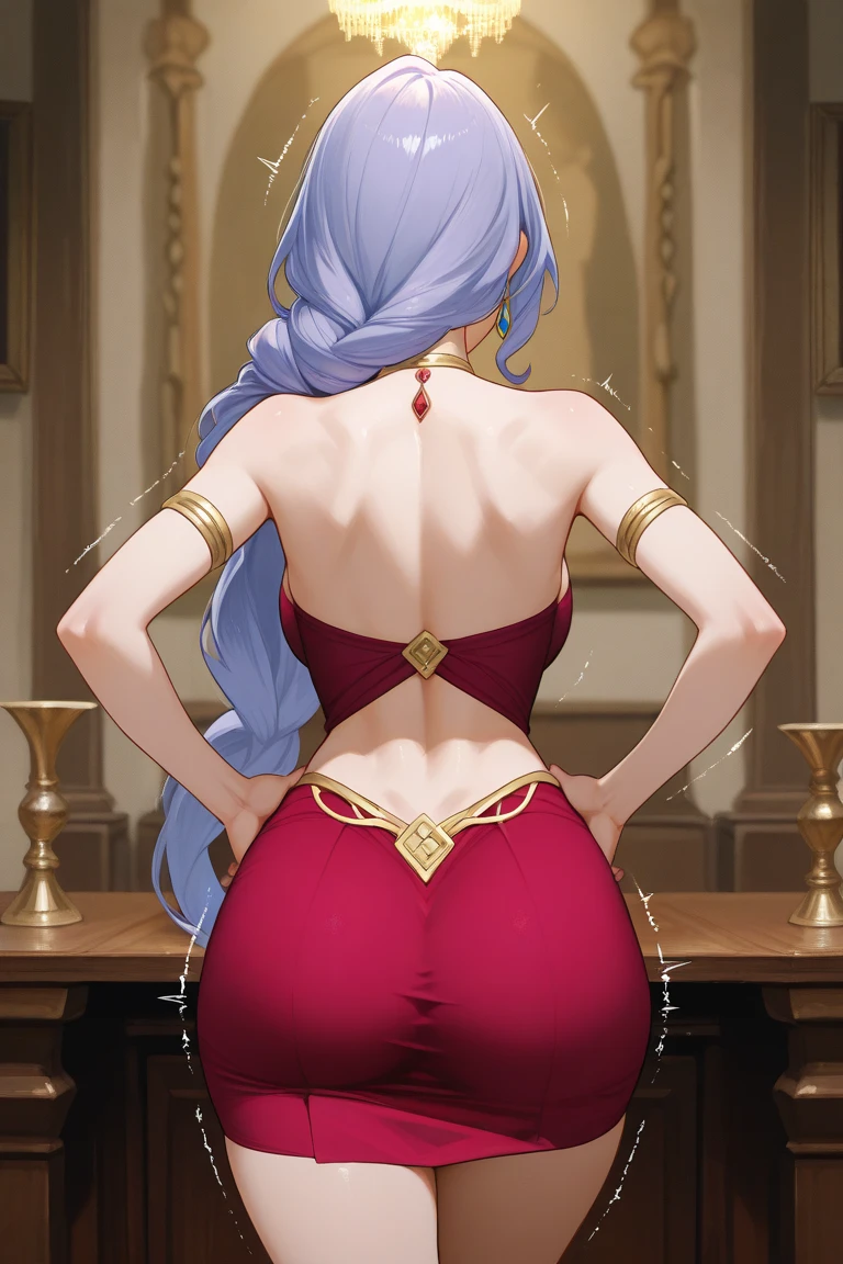 perfect face, symmetrical face, Aphrodite, sensual face, mischievous smile, from behind, undressing purple dress, wearing purple gloves, purple thong, looking from behind, ass, greek wine, brunette hair