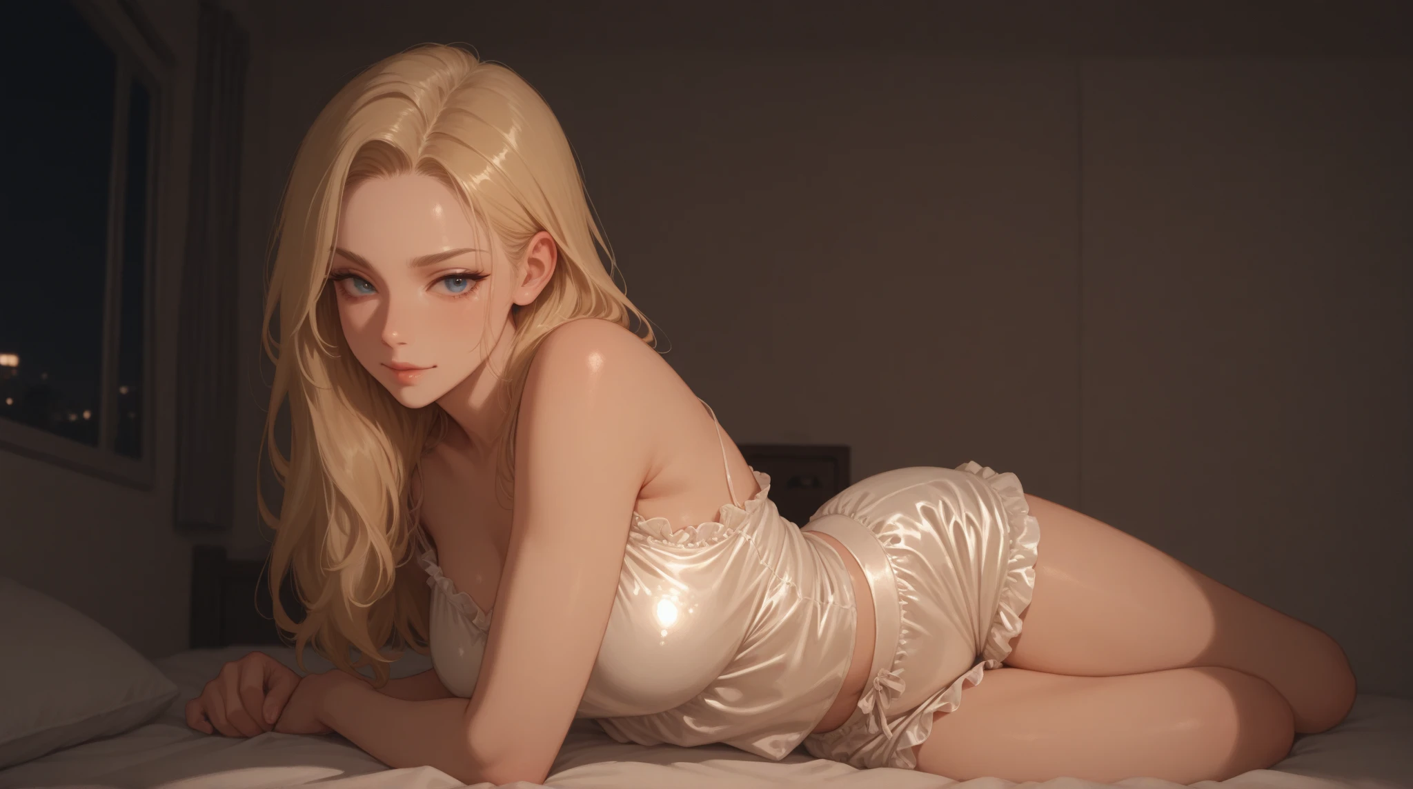 Legs cocked apart, normal no deformed fingers, girl, black panties, no deformed limbs, complete hands, slender fingers, normal five fingers, realistic, normal limbs, delicate facial features, long curly blonde hair, large breasts, white pantyhose, white bra, bed,