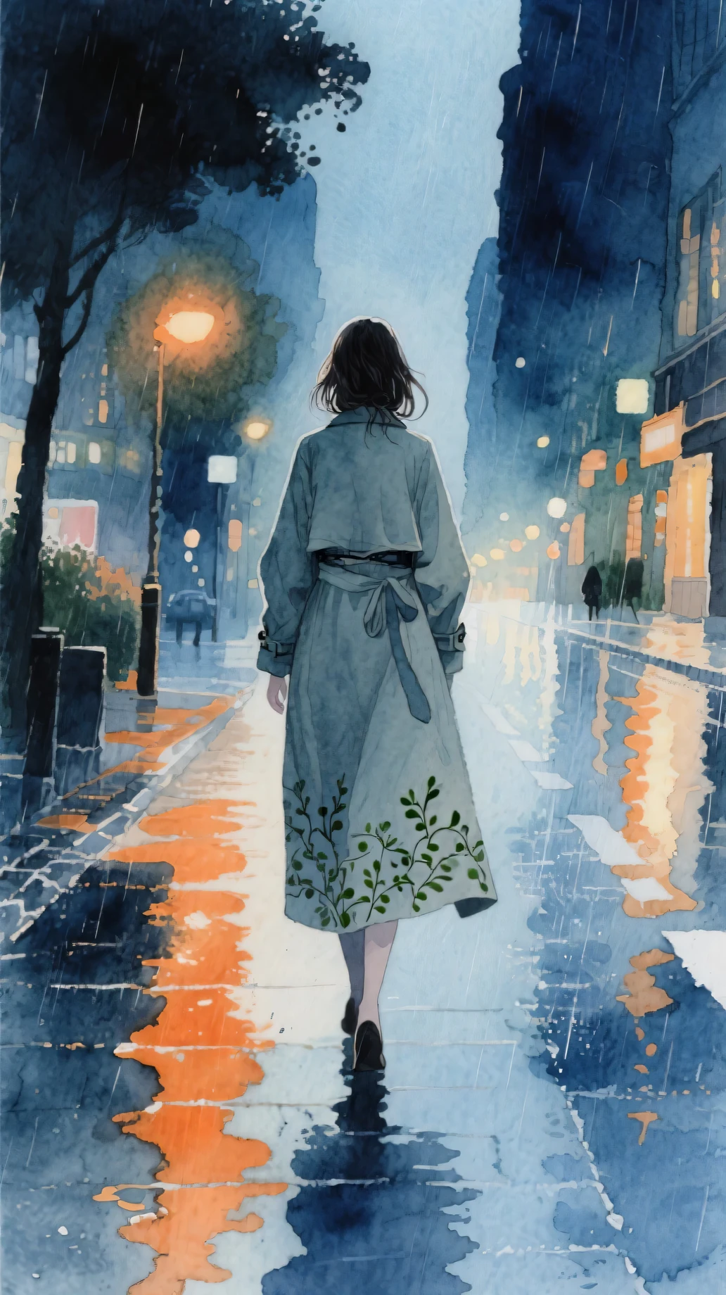 A poetic watercolor painting of a woman walking alone on a rainy night street, seen from behind.  
She wears a flowing long coat, her hair slightly damp from the rain.  
The lower hem of her coat is adorned with subtle vine-like or arabesque patterns, blending softly into the watercolor style.  
The pavement reflects glowing city lights in orange and blue, merging with the rain-washed street like watercolors.  
She walks with a quiet, dignified air, her coat swaying gently.  
No umbrella – the rain has just stopped.  
Her silhouette merges into the city’s fading light, evoking a silent farewell.  
Highly detailed watercolor style, soft outlines, gentle light, cinematic emotion, melancholic and beautiful.  
--ar 9:16
