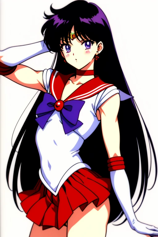 highest quality anime art、masterpiece、High definition、4Kstyle、High resolution、anime boy、cool boy、Male middle school student、gender change、gender change(girl to boy)、sailor warrior uniform、Rei Hino、sailor marasculinization、rating:safe、solo、traditional_media、boy with very long black hair、white gloves、elbow bag、magical boy、between the fingers、red skirt、skirt、earrings、red sailor collar、blue bow tie、jewelry、red choker、bow、white leotard、high leg leotard、white dress、fire、pencil、marker_(medium)、muscular man、burning、cowboy shot、mini skirt、pleated skirt、flames around him、a boy is standing、muscular and strong body、smile、red_back_bow、blue eyed boy、brooch、watercolor_(medium)、long legouth closed、blue_bow_tie、mechanical_pencil、golden circlet、thighs、legs、bare shoulders、bare legs、Hymn to the King as a Prince、(1990s\(style\):0.9)