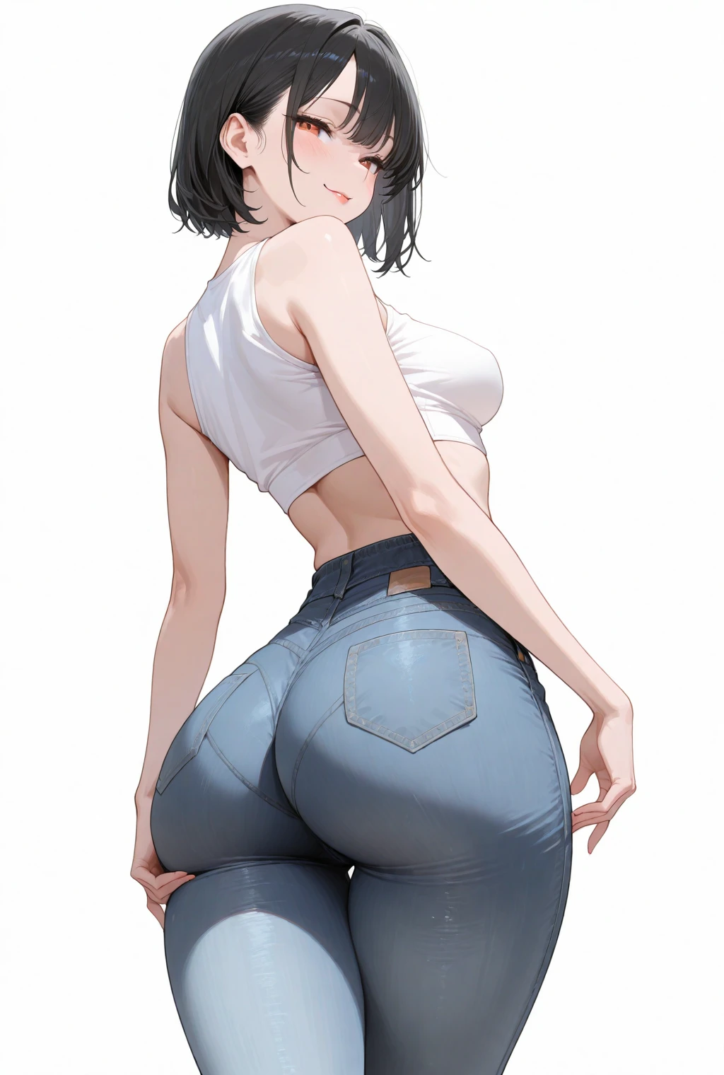 (best quality, masterpiece:1.2), (perfect details:1.1), 1girl, solo, simple background, <lora:alp-04-5:1.15>, large breasts, wide hips, high-waist shorts, <lora:denim_shorts_v0.2:0.8>white shirt + short sleeves, from side, ass,