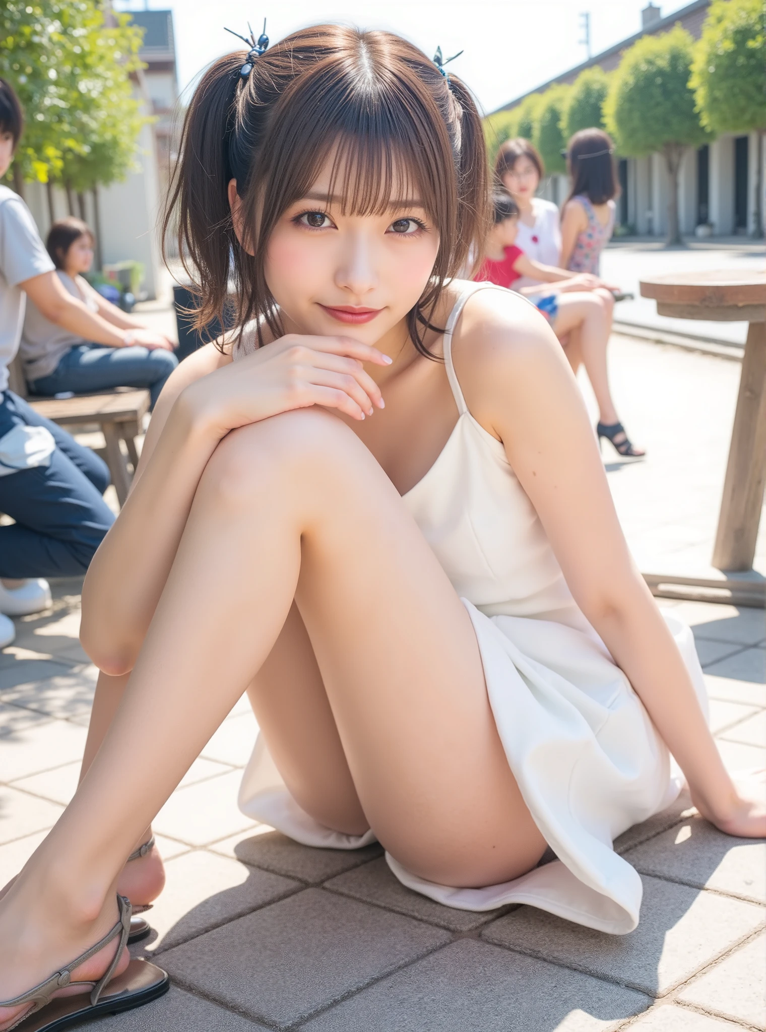 白いワンピース、in 8K:1.5,Best Quality:1.4, 超A high resolution:1.5, (Photorealistic:1.4),​masterpiece:1.2,(top-quality:1.4)、Raw photo、１a japanese girl、Cute、 (RAW フォト:1.2), (フォトリアリスティック:1.4), 美しい詳細な表情の少女, (((とてもよく詳しい eyes and face, 美しく詳細な目元, 非常に詳細な顔、はにかんだ笑顔))), 傑作,素晴らしい, 1人の女の子, ((ダイナミックなポーズ)), ((ミニスカート), (Shy smile:1.５), Smooth skin、30-years old:1.5、Beautiful black eyes、natural skin textures:1.3, realistic eyes and face details、 (Brown medium hair),、middlebreasts、夏の日、美脚、彼女とのデート、ミニスカート、最高の笑顔、乃木坂