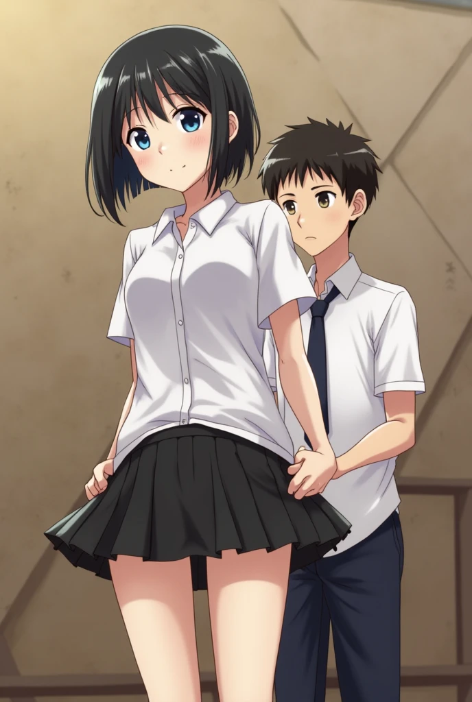 masterpiece:1.6, best quality), finely detailed beautiful eyes: 1.2), colorful, shinkai makoto, kimi no na wa., 1girl, crawl position, sex from behind, 1boy, Doggystyle, (1boy, buzzcut, muscular, brown eyes, nude,penis , boy touching girl chest,chestgrope from behind, boy caressing girl's body, breast groping, breast grope, hold breast,) (1girl, bangs, black hair, small ponytail with red ribbon, short hair, blush, brown eyes, collared shirt, long sleeve white shirt buttons, unbuttoned shirt, open shirt, medium breast, nipples, pink nipples, bottomless, cum inside , creampie, vagina ) indoors, bed,bedroom, lamp, cowboy shot, ,sex from behind, thrusting