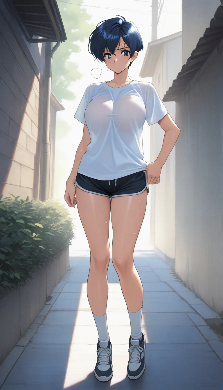 1 beautiful tomboy girl with medium ??????,Ted pink hair, white top crop Hoodie white short pants white sneaker  mask on face wet (wet chlotes:1.2) full body ( ??????) (no panties) real rain background on park, walk on park stair