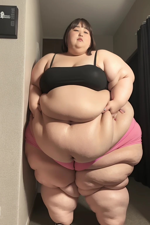 full body shot, overweight fat girl, 30 year old, fat waist, fat thighs, fat arms, short legs, short shoulder haircut, black boots, chubby finger, chubby face, (((fat body))) , (((short, fat legs))), wearing red choker collar, wearing white crop top, (crop top:1.5), wearing black sexy underwear, tied hands and legs at chair, looking at the viewer, dirty warehouse background, pregnant