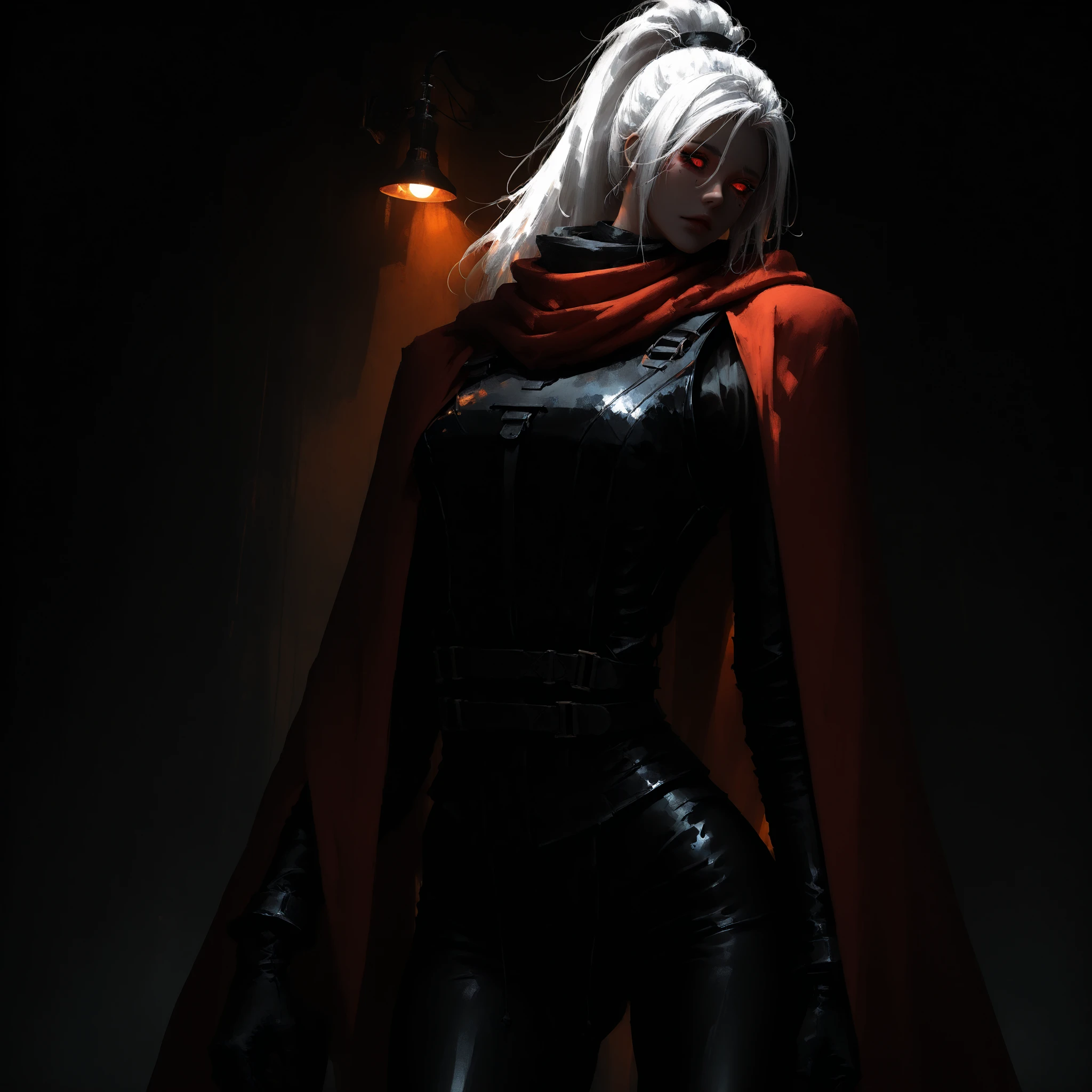 artist: wlop, masterpiece, best quality, illustration, a beautiful woman, white hair, ponytail, red eyes with white sclera, detailed face, fantasy adventurer rogue clothes, female wearing a Stight black bodysuit with a black leather combat vest over and a tattered crimson cloak draped over, tall-looking, fantasy, perfect anatomy, detailed, lighting, colorful, slim body, fit body, ideal ratio body proportions, tall, Realistic Shadows, detailed face, detailed eyes, epic, highly detailed, illustration style background, cinematic background, cinematic lighting, detailed eyes, Official Art, face focus, eye focus, high resolution, cinematic, perspective, dark and cold theme, dark scenery background, standing pose,