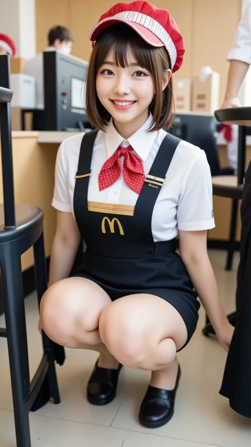 The only 16 year old beautiful girl、NSFW、Super detailed、High resolution、transcendental beauty　highest quality、masterpiece、Wear knee socks、Majimix Real、(RAW photo:1.2)、(Photoreal:1.4)、Detailed beauty、and delicate expression、At a crowded mcdonalds&#39;s、(mcdonalds&#39;uniform was torn、I can see your nipples:1.5)、mcdonalds's Costumes、mcdonalds&#39;hat of、(blonde short hair:1.5)、((you can see me))(squat)、eyelash、sparkling eyes、glossy lips、beautiful and detailed eyes、((beautiful japanese girl))、very detailed expression、highly detailed face、movie lighting、positive、((dynamic pose))、((open stance))、(The front of my jeans was torn、I can see your pussy:1.8), mcdonalds's Uniforms、Nameplate、 (Accurately represents the shape of the female genitals:1.5), (Detailed depiction of the labia minora, vaginal opening, Detailed depiction of the clitoris:1.5), (Open your legs wide and raise your knees:1.8)、(Restricted limbs:1.6)、(male&#39;hand touches pussy:1.8)、thin legs、(Open your mouth wide and look at your tongue:1.7)、Panting with sexual pleasure、(Feel the climax of ecstasy:1.6)、Open your mouth wide and scream、shame、Her cheeks flushed slightly、Heartbreaking cry