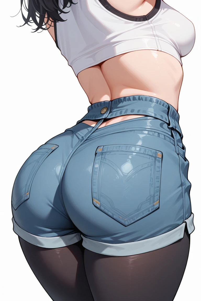 ((masterpiece, best quality)), ((34 year old)), (((Curvy))), (((Japanese woman with messy brown hair)), in blue short sleeve shirt over long sleeve grey shirt, ((white cotton panties)), (((Large Hips))), shocked expression, blushing, (((photo realistic)))