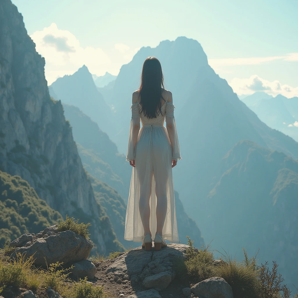 Sophia Lillis, plump body, long braided hair, high fantasy, dancing on a mountain top, billowing sheer robe, seen from the side