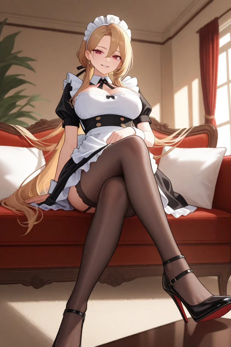 maid.blonde.long.sweaty.cat-eared.open legs.1 girl,solo,sitting,looking_at_viewer,black_thighhighs,