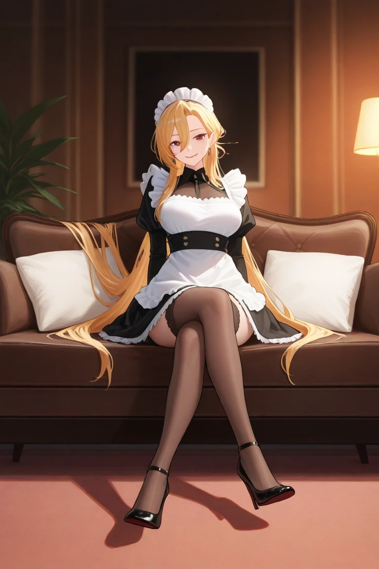 The luxurious and high-class Victorian maid outfit is evenly decorated with gorgeous gold embroidery and edging, and the blouse, apron, and headband also have gorgeous gold embroidery and edging.、((Highest quality)), ((masterpiece)), (detailed), （Perfect Face）、The woman is Tierre, with green eyes, medium-long blonde hair, a Victorian maid outfit and maid headband, jeweled earrings, and an engagement ring.、The woman is smiling fondly in a luxurious room、The Victorian maid uniform is a calm, old-fashioned type with long sleeves and a long skirt, decorated with luxurious gold embroidery and edging.、The woman is lying on the bed with her legs open, seducing and inviting sex.