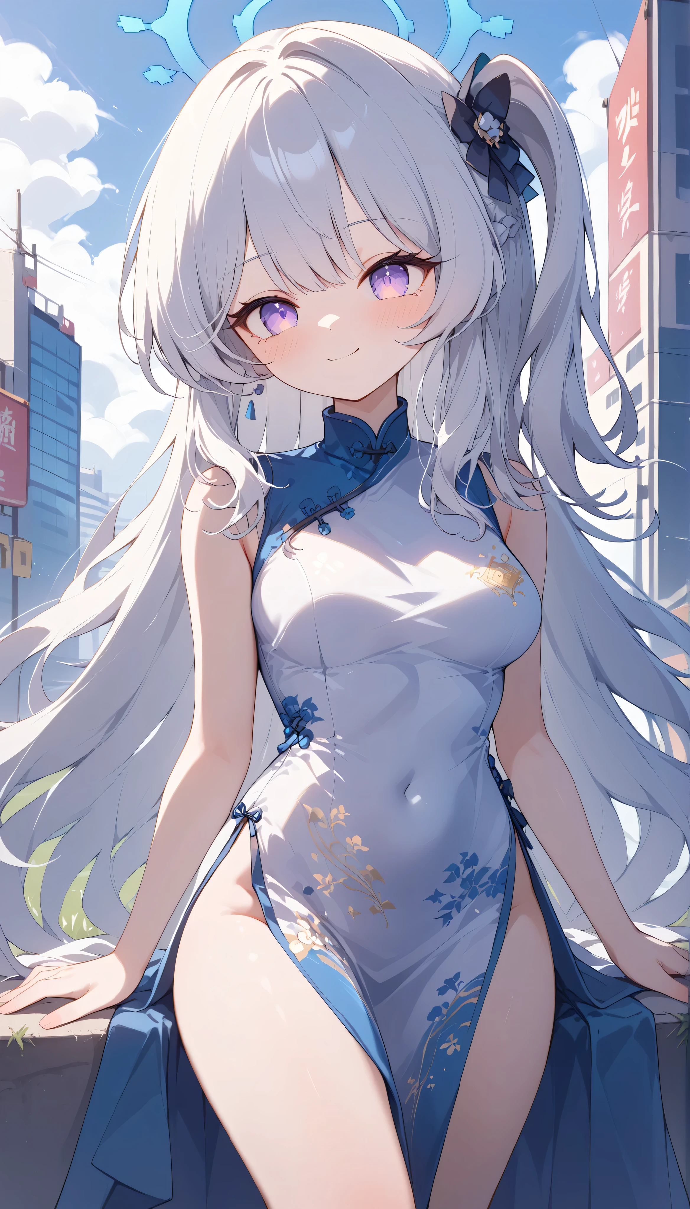 miyako (blue archive),purple eyes, white hair,long hair,one side up,halo,medium breasts, glowing-cheongsam, solo, I can see my eyebrows from the inside of my hair, hair ween eyes, is embarrassing, masterpiece, Best Quality, very aesthetic, thick thighs, Wide pelvis, sleeveless white dress, outdoor, grassland, outdoor, china city, bare arms, smile,