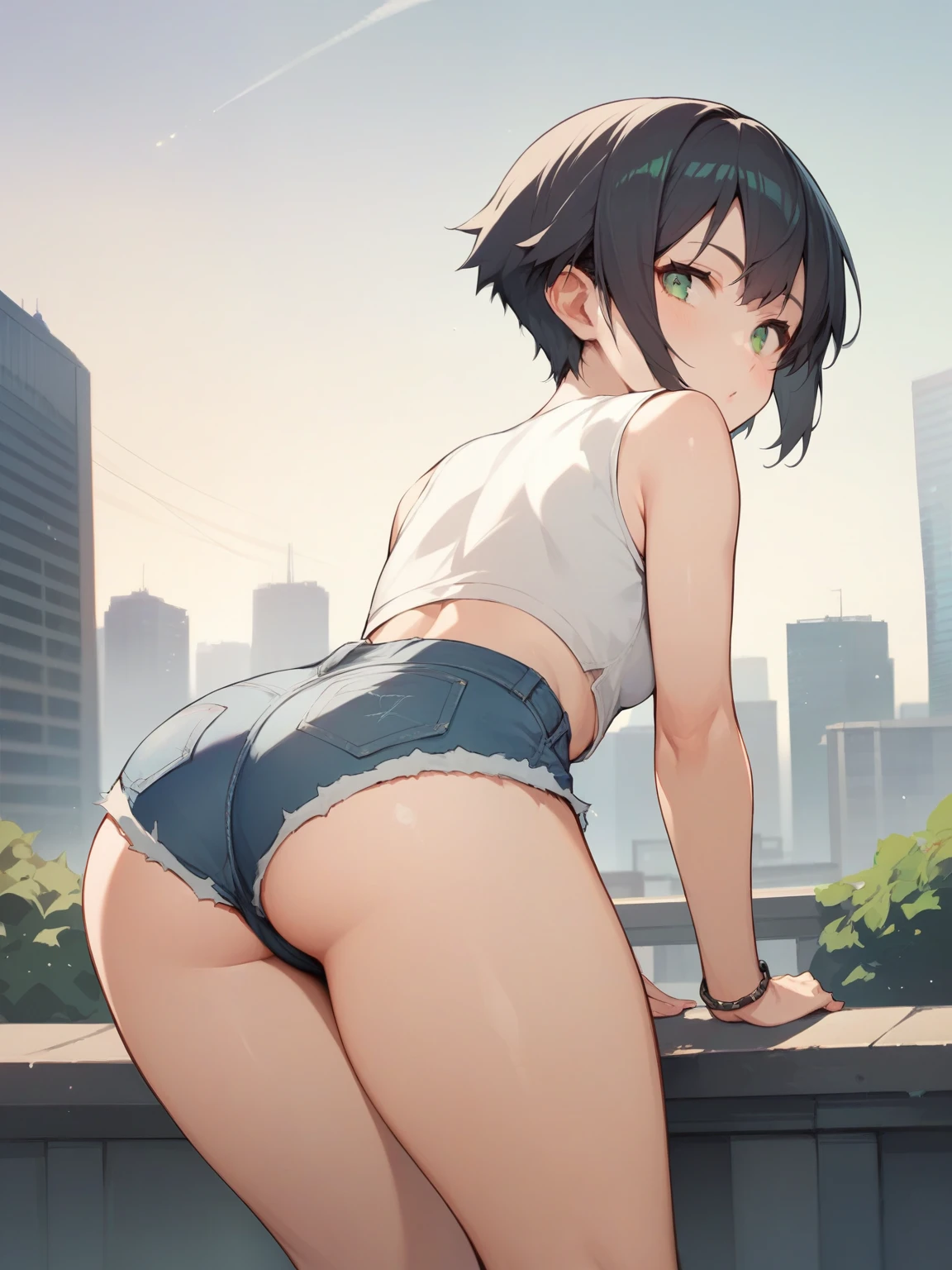 score_9, score_8_up, score_7_up, Source_Anime,
fubuki, fubuki, dark haired, green eyes, short hair,
outdoor, cityscape,
stares at the viewer, , wide hips, thighs，small breasts，denim short, doggystyle, focus on buttocks