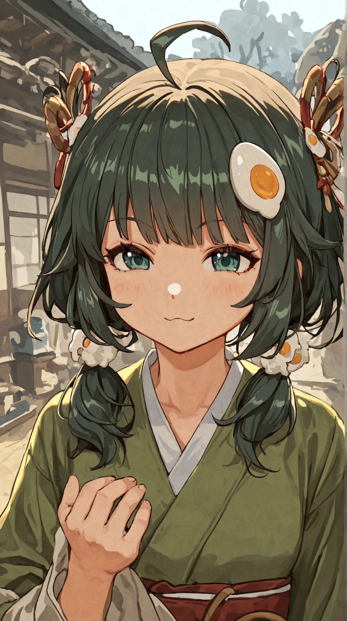 1girl, solo, (maomao), ((apothecary diaries)), hilong twintails, green kimono, hair ornament, japanese clothes, kimono, egg hair ornament, ahoge,
smile, :3, upper body shot, traditional japanese house,
