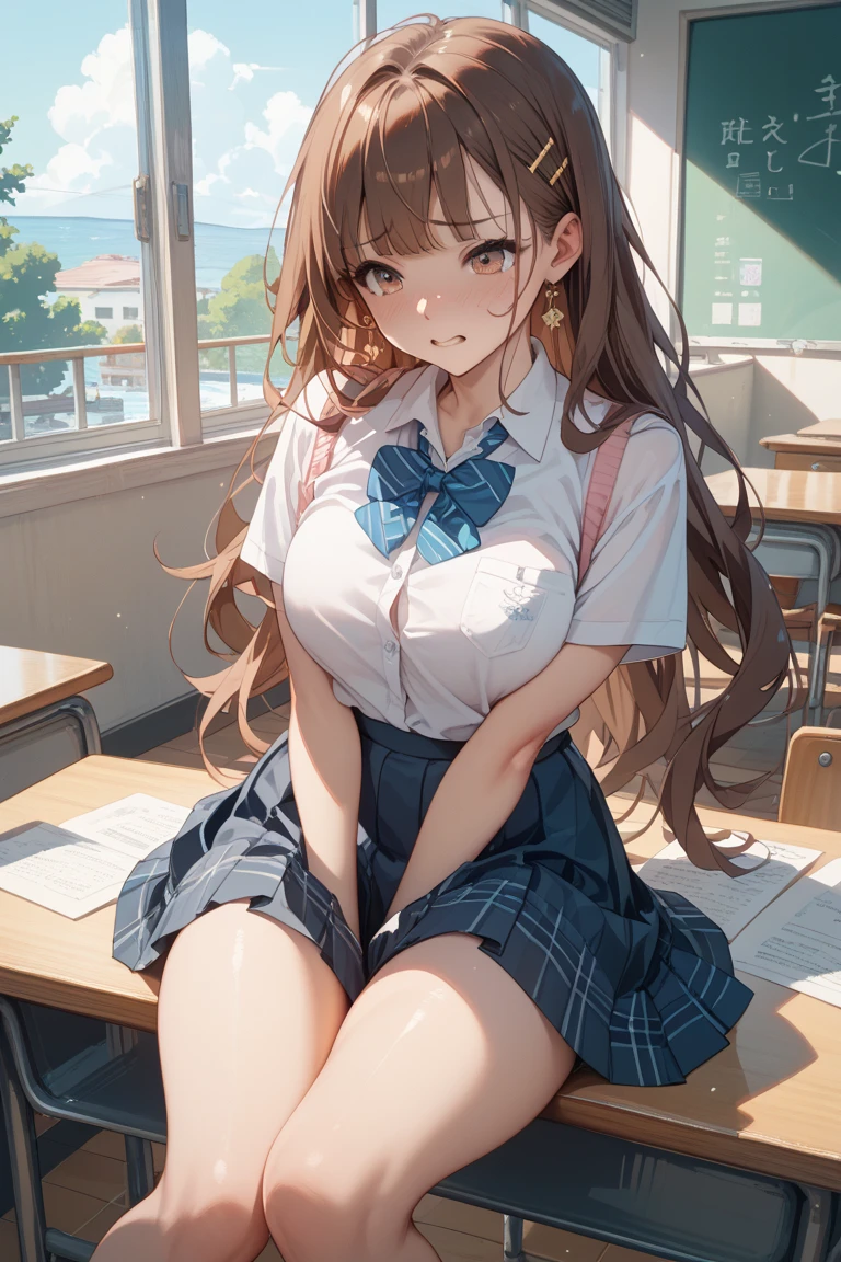 A beautiful girl sitting on a chair showing her panties, she lifts her skirt with her hands and showing them, (presenting panties:1.8), ((Sailor suit tops, Sailor collar, White shirt, pleated mini skirt:1.3), (Knee-high socks:1.3):1.3), panties, (lace light blue panties:1.45), school classroom, Desk and chair in the background, big rounds breasts, (Beautiful and big breasts:1.3), dark brown hair, swept bangs, long hair, wavy hair, ponytail, expressive hair, shiny hair, hairclip, aqua eyes, (gradient eyes:1.3), glowing eyes, pupils sparkling, blush, bright pupils, glossy lips, embarrassed, (Very embarrassed look:1.5), slim waist, shapely legs, beautiful thighs, whole body, Angle from the front, from above, POV, anime CG style, high definition, natural light, high detail, anime, dithering, image fill, perspective, Wide-Angle, f/1.8, 85mm, Sony FE GM, 8k, 8k wallpaper, super detail, highly detailed CG, UHD, retina, masterpiece, accurate, anatomically correct, textured skin, highres, best quality:1.3, 16k