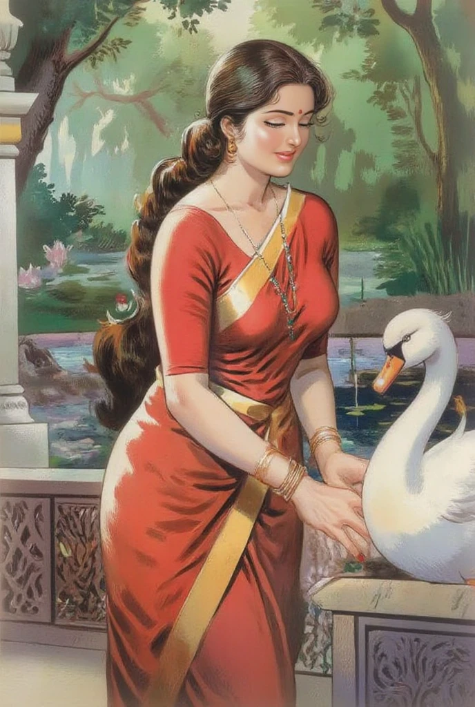 Here’s an artistic prompt to recreate or generate an image inspired by the one you've shared:
---
**🎨 Artistic Prompt (Manimala/Vintage Raja Ravi Varma Style):**
*A traditional South Indian woman with long, flowing hair adorned with jasmine flowers, dressed in a rich red and gold saree, stands pensively by a carved stone balustrade near a serene lotus pond. She is gently interacting with a graceful white swan perched on the stone ledge, symbolizing purity and poetic thought. The background features lush greenery and soft morning light filtering through the trees, evoking a mood of calm reflection and romantic longing. The art style is vintage Indian classical, with delicate brushwork and ornate detailing.*
---
Let me know if you'd like variations (e.g., change in outfit, posture, animal, or background).