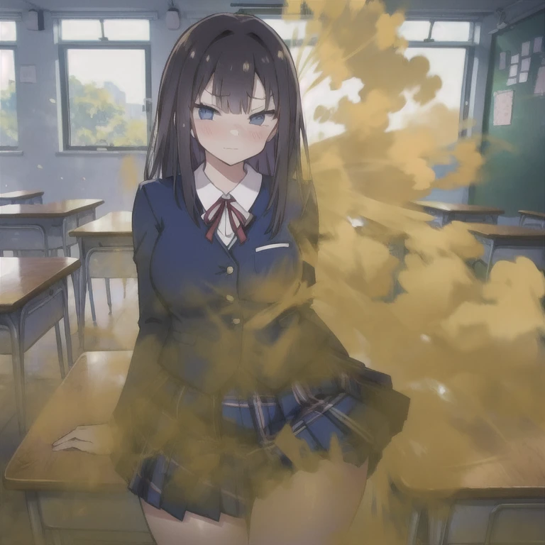 Minami Kotori、Minami Kotori、Brown Hair、(Degree of brown eyes:1.5)、one side up、Hair ribbon、ribbon、length、break the blazer、Blue Skirt、Jacket、Otonokizaka uniform、Pleated skirt、Winter clothes、Looking for break viewer、classroom、 (masterpiece:1.2)、Highest quality、High resolution、Unity 8K Wall 、(Awareness-raising:0.8)、(Beautiful and beautiful eyes:1.6)、Highly detailed face、Perfect lighting、Detailed CG、 (Perfect hands、Perfect Anatomy)、Looking at the audience、blush、Inside the school, Inner thighs、eight-headed body、Beautiful legs 、As if looking up from below、(Knees to chest)、troubled, panic,(leaning forward:1.4),((Wet crotch)), (((Peeing)))、(puddle)、Touching the groin、((Be incontinent))),I want to pee、Pinch the crotch with your hands、 crumples the hem of the skirt with his hands、 Knees together, bladder full, terribly wants to go to the toilet, Anatomically correct、pinch your pussy hard、Both hands are trying to cover the urethral opening、Inner thighs、Watery eye、Swallowing the lower lip