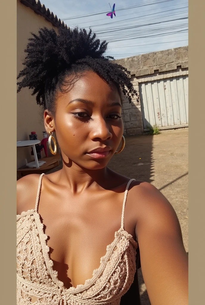 there is a woman with a black top standing in a field, sparkling in the sunlight, with the sun shining on it, mid morning lighting, hills in the background, african sybil, midday sunlight, african domme mistress, background is heavenly, photo of a black woman, the smooth black lioness, looking off into the distance, beautiful late afternoon