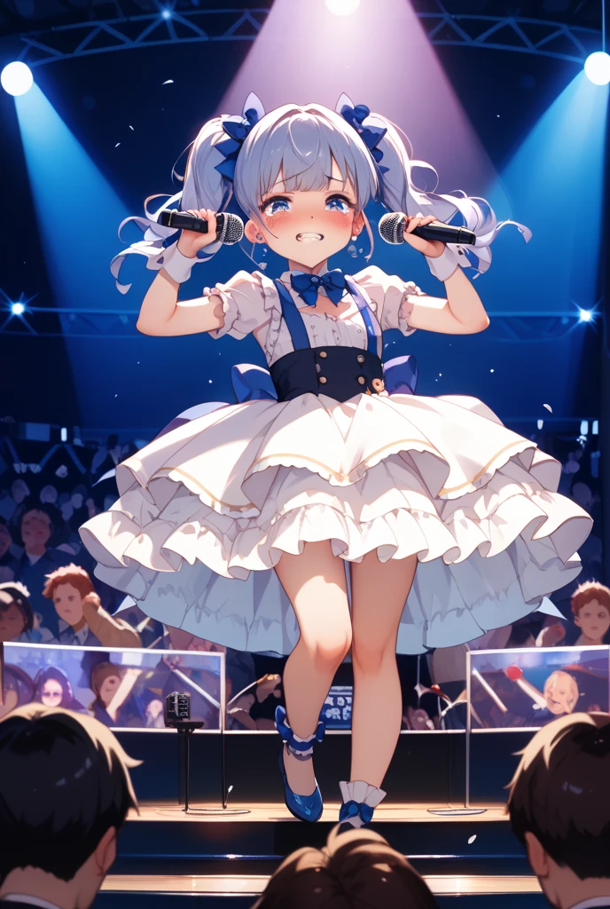 insanely detailed, absurdres, ultra-highres, ultra-detailed, best quality,
1girl, solo, nice hands, perfect hands
BREAK
(nsfw:-1.5),
(gothic drress, Idol costume:1.3), (blue and white theme:1.2), (white blouse:1.4), (white collar, tie:1.3), (open short-cape:1.3), (short sleeve:1.2), (blue tartan-check pattern (ruffle-skirt, multilayer-skirt):1.4), (white basque-beret with ribbon:1.3), (Fishnet stockings:1.3), (glove:1.2), (cleavage:-1.5)
BREAK
happy smile, laugh, open mouth, (standing, singing, dancing, holding microphone:1.4)
BREAK
,
seductive pose, cowboy shot
BREAK
slender, kawaii, perfect symmetrical face, ultra cute girl, ultra cute face, ultra detailed eyes, ultra detailed hair, ultra cute, ultra beautiful
BREAK
indoors, concert hall, idol live, crowded audience
BREAK
medium breasts
BREAK
(random color hair, multicolored hair:1.2), rainbow color eyes, messy hair, hair between eyes