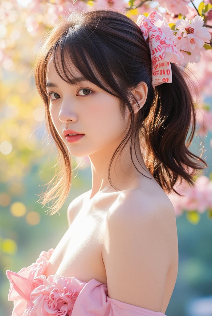 adult girl, (extreme detailed face, detailed skin), upper body, bikini, graceful girl, cherry bloom, flower garden, outdoor,