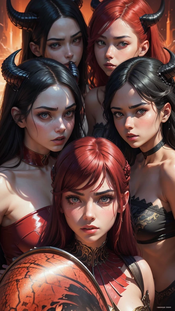 Sexy group of 4 female zombies wearing silk dresses feeding on a human male ripping his intestines out while he screams