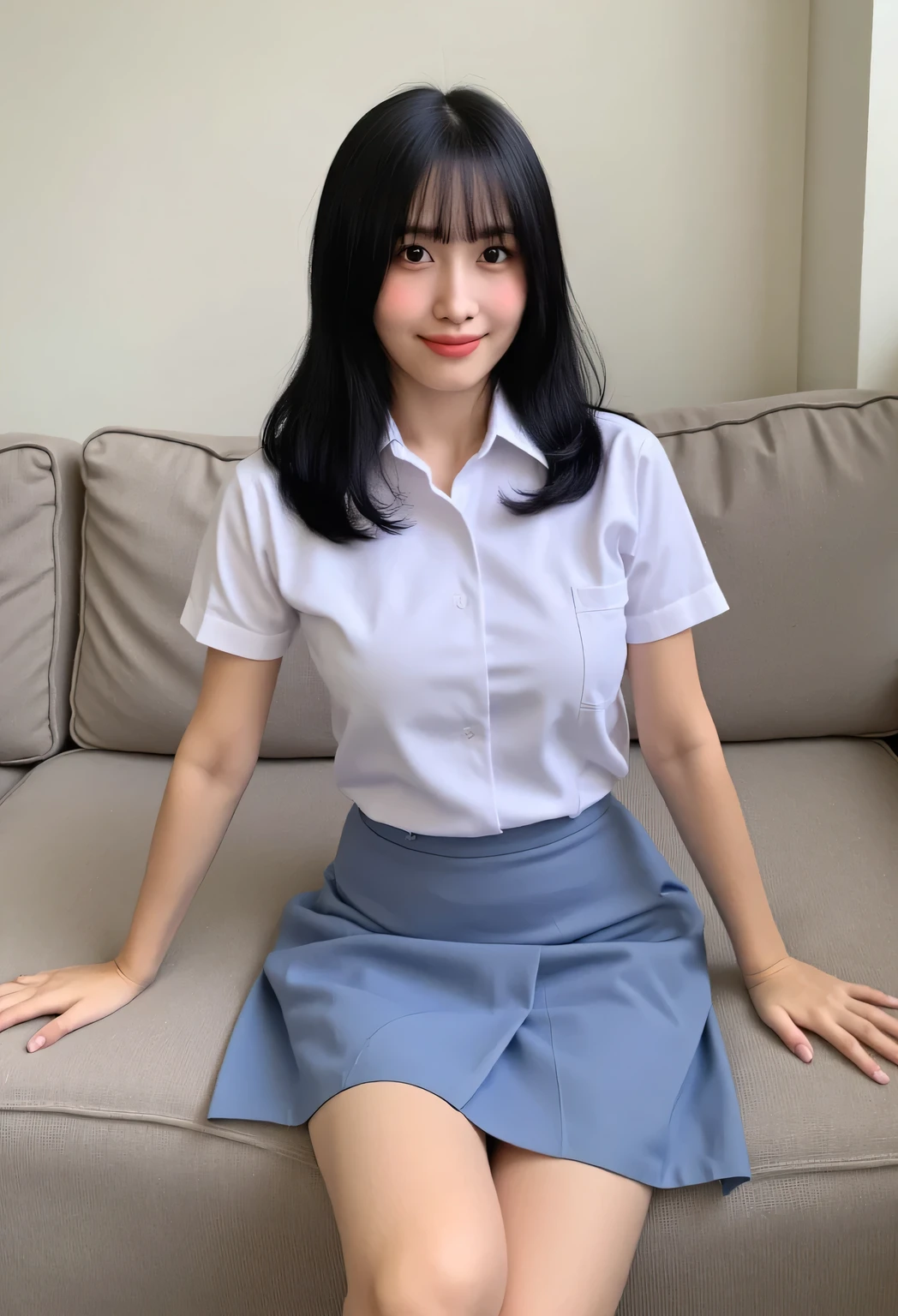 Highest image quality、realistically、Shining beautiful skin、1 woman、Early 20s、bed、Gravure idol、school uniform、uniform skirt、black pantyhose、white panties、slender、smile at the camera、