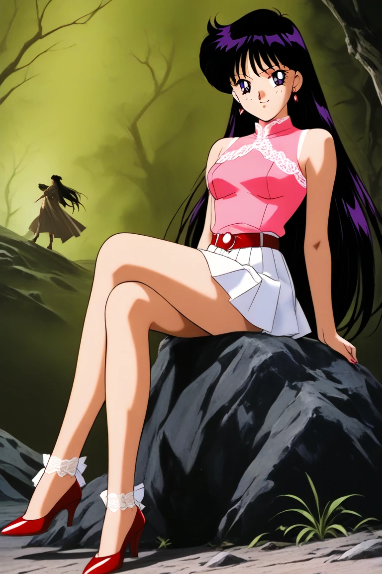 (masterpiece), (best quality), laki_onepiece, 1girl, solo, long hair, hair ornament, breasts, navel, cleavage, sitting, collarbone, ponytail, wings, midriff, purple crop top, pink legwear, loincloth