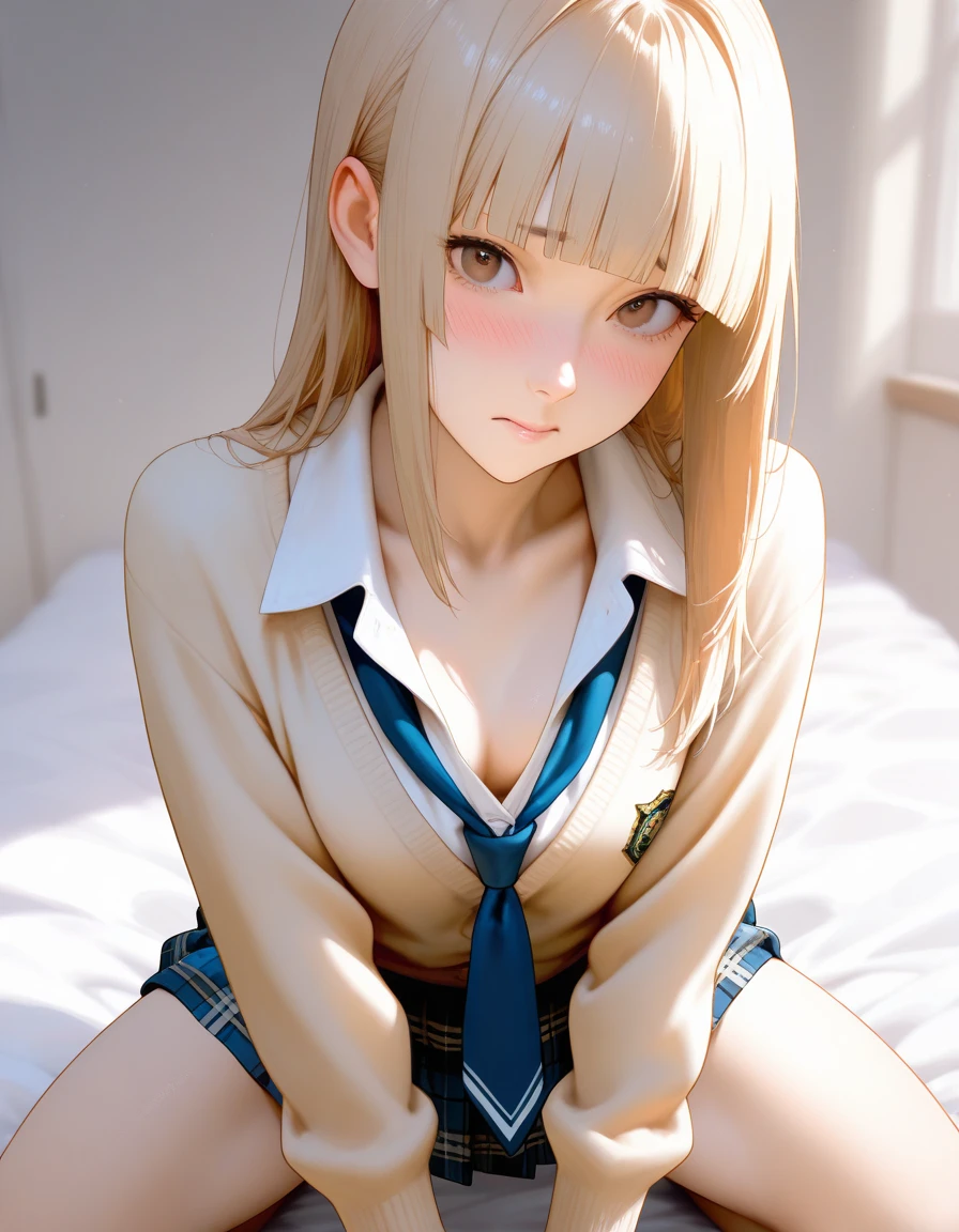 photo-realism、top-quality、超高分辨率、NSFW、Japanese high school girl、18yr old、Girl in uniform sitting on bed、low angle shot:1.5、M-shaped legs:1.4、She spread her legs:1.5、sitted,knee bend,legs separated、((show panties:1.5))、Look at the camera sexily、((Blonde hair))、((Pink transparent panties))、Close-up of woman wearing lingerie:1.4、light blue blouse、Dark blue plaid pleated skirt、Dark blue socks、love and beautiful legs、(pure love face_v1:0.008)、with brown eye、eyeline、Red blush、embarrassed from、glarelight、 shiny lip: 1.4, impatient、Frightened、glarelight、panty attraction、Close-up of woman wearing lingerie:1.3、Red blush、Critical hit rate、Critical hit rate、Open the knee、spread their legs、Disheveled clothes、Dressing、mid - length hair,on bedroom、Anatomically accurate human body、have perfect arms、perfect hand、Perfect Finger、Have perfect legs、Accurate human body