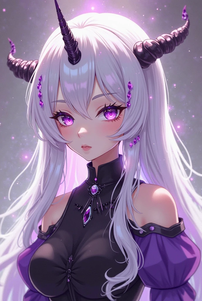 1girl , long grey hair , purple galaxy eyes insanely detailed , crystal horns , light grey sweater with shoulder cut out ,  brown stockings , thick eyeslashes , sharp eyebrows , shallow dpeth of field, see through bangs , full body , extremly detailed , the most beautiful shot ever,
