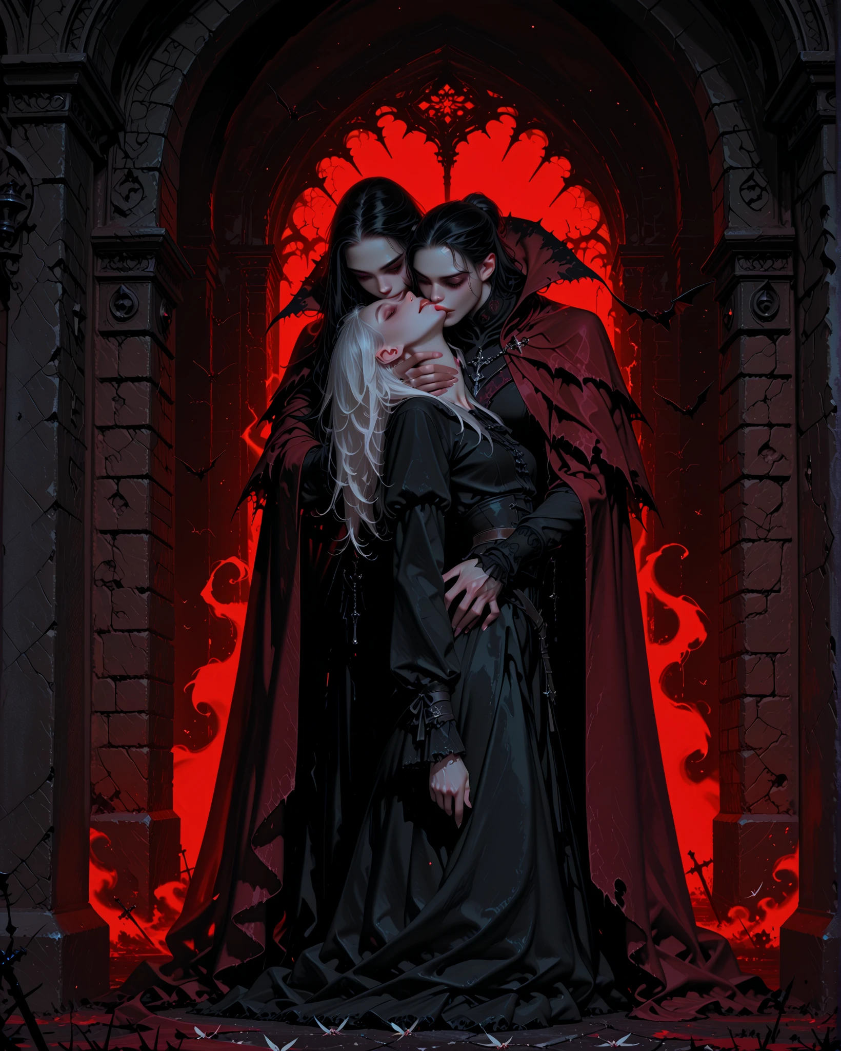 A couple of vampires embracing each other in an intense embrace. The tall male vampire with long black hair and The pale skin is gently biting the female vampire's neck, who has short white hair and an expression of pleasure and surrender. Their bodies are wrapped in a dark and red cape that merges with the surrounding shadows. From the base of the layer, A Gothic image , the dark kingdom emerges, formed by darkness and gloom.  Above them , a flock of bats moves and flies, adding movement and sinister elegance to the romantic, disturbing scene.