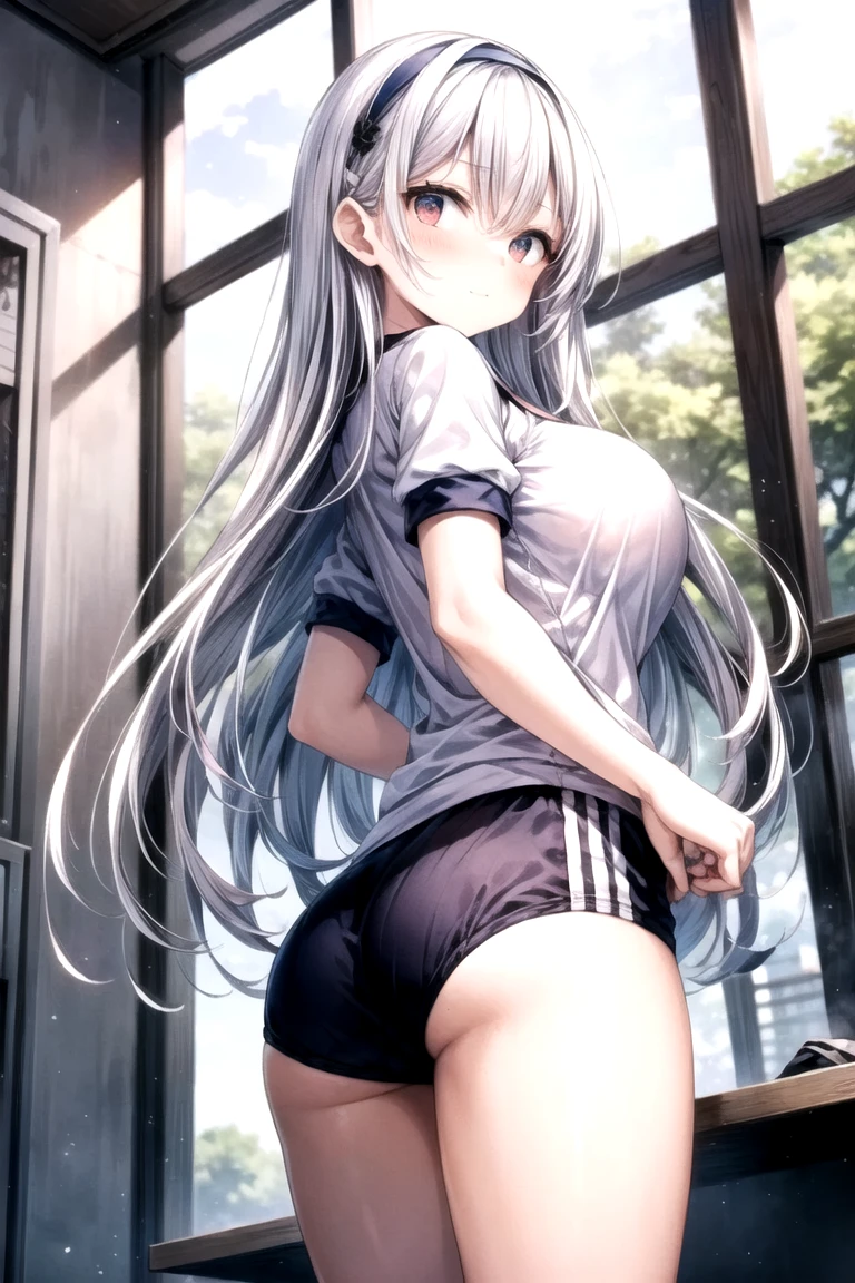 グラウンドをRun体操着姿の女の子、Silver Hair、Semi-long hair、Butt、Over your shoulder、Back view、((from below:1.2))、Very detailed、High resolution、Super Beauty highest quality、8Kのmasterpiece, highest quality, The real picture, Intricate details, The Very detailed, 超A high resolution, Depth Field,(Photorealistic,Realistic:1.2),masterpiece, Photographed from the front ,positive、 ((1 girl))),Girl in gym clothes、((Bloomers:1.3)), ((bloomers:1.3)), ((Outside the house))、((playground))、(highest qualityのイラスト:1.2), (pretty girl:1.1), (1 girl, alone:1.5), (1 girl、16 years old、Very detailedな目:1.2)、perfect glowing skin, Perfect Skin, Narrow waist、 smile Perfect Five Fingers、Sweat、Her underwear is visible:1.3,、Girl running away、Run、blue sky、Medium chest