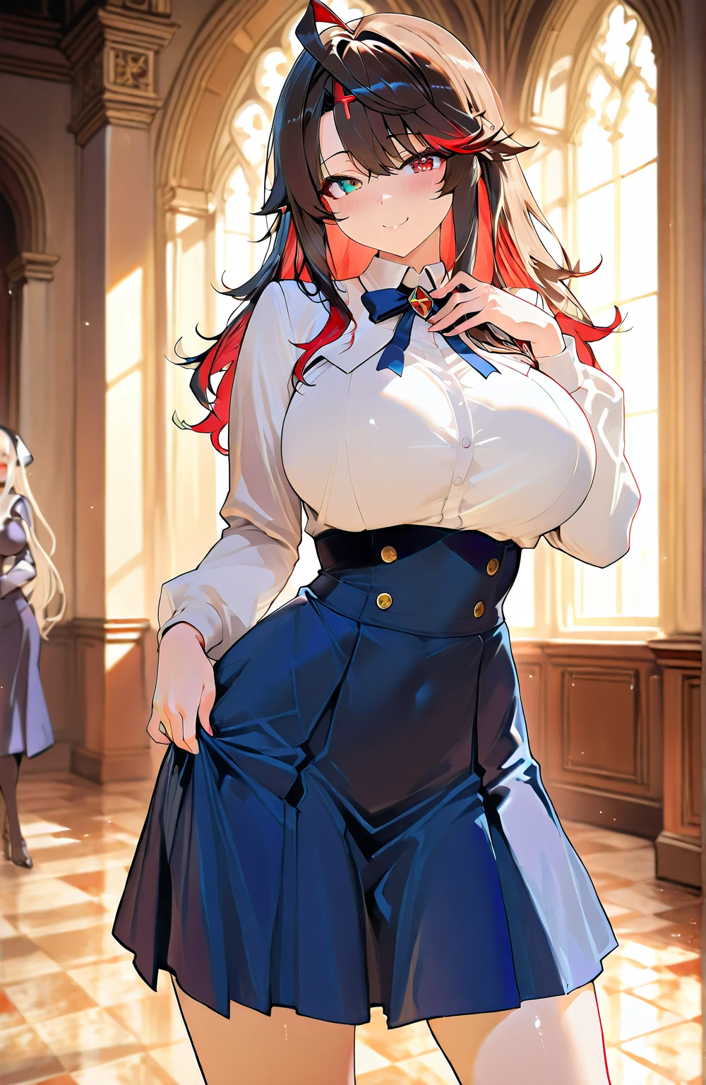 A beautiful evil lady leader with deep red eyes, wearing sailor uniform, gazing condescendingly at the viewer with a cute grinning expression, (thick muscular thighs:1.2, attractive buttocks:1.2), extremely detailed and realistic, masterpiece quality, ultra-detailed, HDR, studio lighting, vivid colors, physically-based rendering,