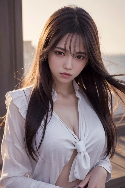 (highest quality,masterpiece:1.3,ultra high resolution),(Super detailed,caustics,8k),(photorealistic:1.4,RAW shooting),(night),(Night Sky),(starry sky),(full moon),(beach),(A girl looking up at the full moon),sit,20-year-old,cute,Japanese,black long hair,strong wind,(hair blowing in the wind),(white blouse),(big breasts),Natural light,moonlight,(side shot),(bust up shot),(low position),(Low - Angle)