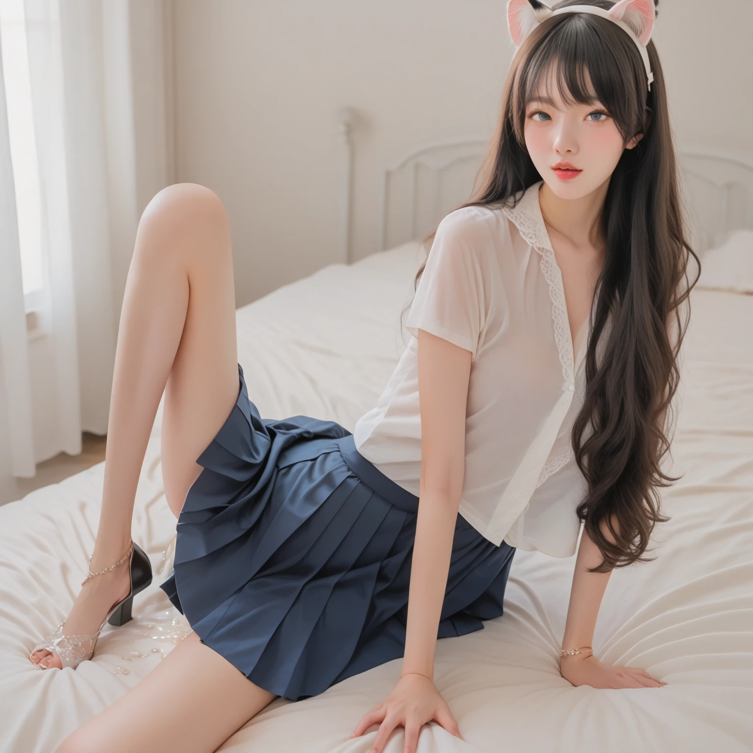 ulzzang-6500-v1.1, (Raw photo:1.2), (Photorealistic:1.4), Beautiful detailed girl, Very detailed eyes and face, Beautiful detailed eyes, Ridiculous, Incredibly ridiculous, Huge file size, Ultra detailed, High Definition, Very detailed, Best Quality, Masterpiece, Kemomimi, ((Japan Girls' High School Uniform)),Photos, Very Detailed, CG, Unification, 8k wallpaper, fantastic, fine detail, masterpiece, best quality, highly detailed cg uniform 8k wallpaper, light on face, movie lighting, 18 year old girl, (without panties)), ((dynamic pose))), (camel toe), (half), (flesh-colored pantyhose))), (sitting with legs spread with knees bent))