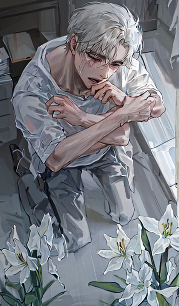 A Greek nymph in elegant bridal clothing based on a white lily and the lily flower, Two thorny vines of white lilies emerge from his back, which he uses as whips along his left arm., He has teal marks on his leg. , wear a belt with the symbol of purity.