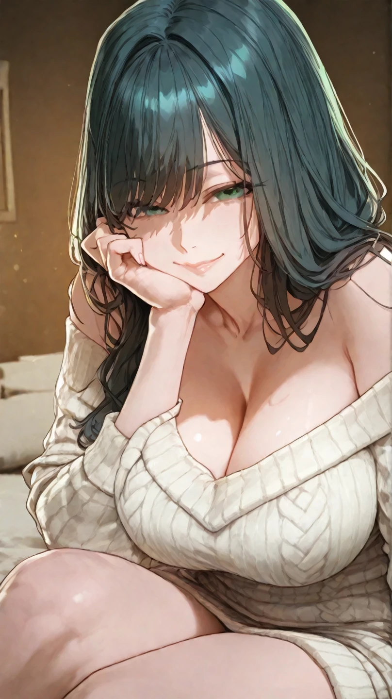 (masterpiece, best quality), intricate details, 1girl, fubuki, green croptop, love hotel, seductive smile, cleavage, sweaty,