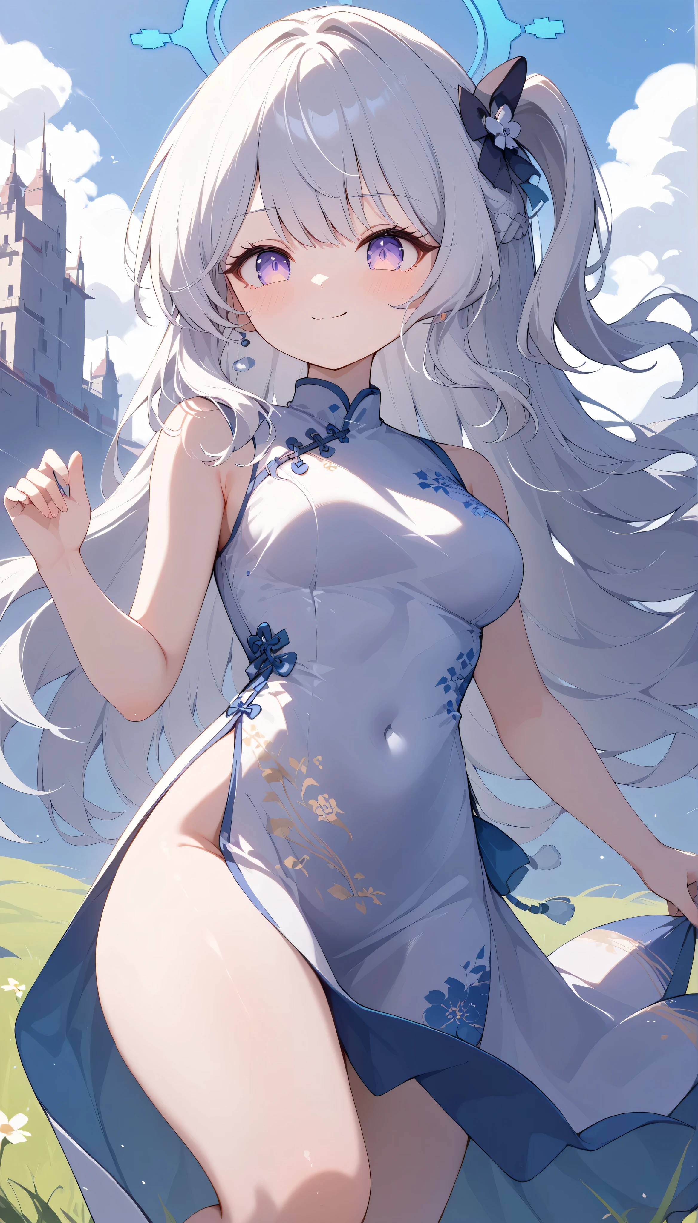 miyako (blue archive),purple eyes, white hair,long hair,one side up,halo,medium breasts, glowing-cheongsam, solo, I can see my eyebrows from the inside of my hair, hair ween eyes, is embarrassing, masterpiece, Best Quality, very aesthetic, thick thighs, Wide pelvis, sleeveless white dress, outdoor, grassland, outdoor, china city, bare arms, smile, closed mouth, dynamic pose,