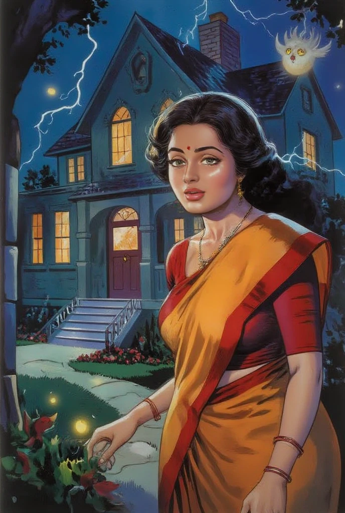 A stylized, animated South Indian girl in a vibrant saree with oversized expressive eyes and glowing jewelry gasps in horror outside a cartoonish but y haunted house. A glowing-eyed spirit floats in the background as lightning crackles behind it. Fireflies swirl, and enchanted plants toward her feet. The color palette is rich and cinematic, like a fusion of Pixar, Tim Burton, and Indian myth.