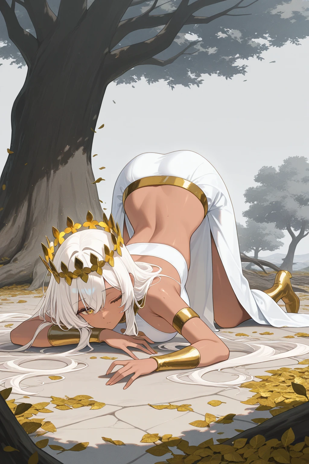 (crawling on fours:1.5) (close up) (full body pose) (adult woman:1.2) (nude:1.1) (topless:1.1) (elaborate beautiful black gold dress:1.5) (from side) (golden halo) golden chain choker, night, dark cozy bedroom, mood lighting, on bed, Absurd, Perfect Anatomy, Good lighting, Shadows in the movies, large breasts, very large butt, thin waist, Long HAIR, blonde HAIR, (loving look:1.4), original HAIR style, Dynamic Angle, (detailed face:1.3) (dynamic lighting:1.2), (gold leaf bracers on arms) (gold leaf hair piece) (elaborate golden necklace) (gold roses on bed) (golden eyes)