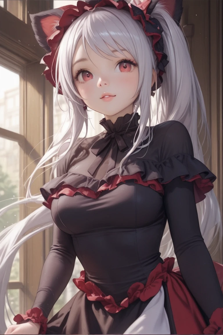 ((highest quality)),(ultra high resolution),(Super detailed),(detailed description),((best CG)),(best work of art),super precision art, great drawing art,(Art with precise details:1.5), (1 young girl:1.5), beautiful and well-shaped face:1.5,(Beautiful skin with precise and detailed depiction:1.6),(Frilly gothic dress ),gorgeous, masterpiece, best quality, high-resolution, finely detailed, extremely detailed and beautiful, distinct-image, 1 girl, 16 year old teenager, solo, soft facial features, symmetrical shaped face. plump cherry red lips, lightly tanned white skin. red and white-colored eyes, F-cup breasts, short height(150cm), plump short stack body type, waist length pink-white hair, small narrow waist, curvy wide hips, elegant gothic courtyard setting