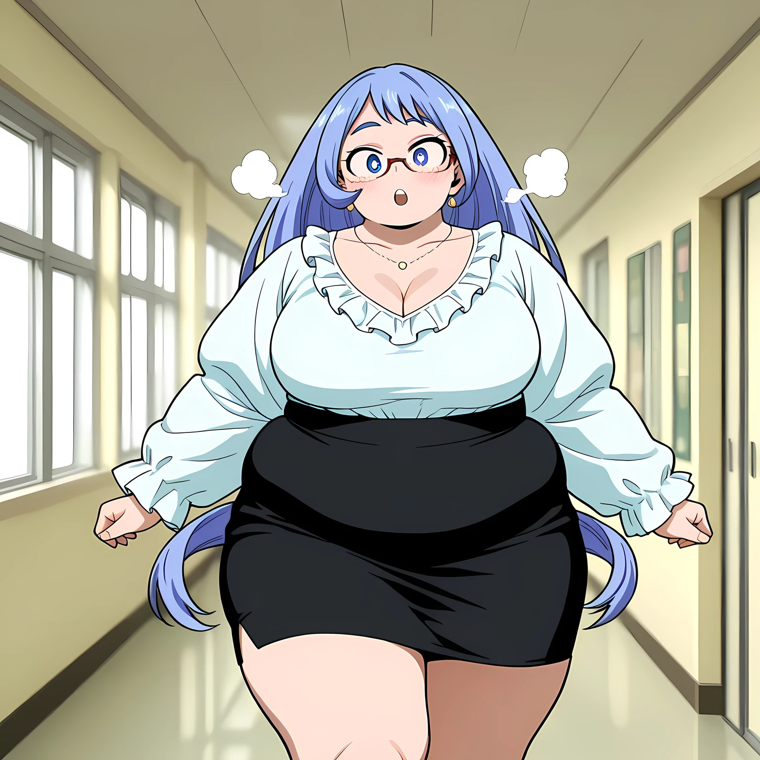 high resolution picture, masterpiece, best quality, amazing quality, official art,  hado_nejire from My Hero Academia , 1girl,nejire hadou, blue eyes, blue hair, long hair, medium breasts    (flat colors, pastel colors)       ,   BREAK (curvy),       under-rim eyewear, necklace, white shirt, long sleeves, cleavage, frilled shirt, black skirt, pencil skirt, , hallway, indoors, looking at viewer, open mouth, blush fat, chubby, obese, gigantic arms and legs, large breasts open mouth, out of breath
