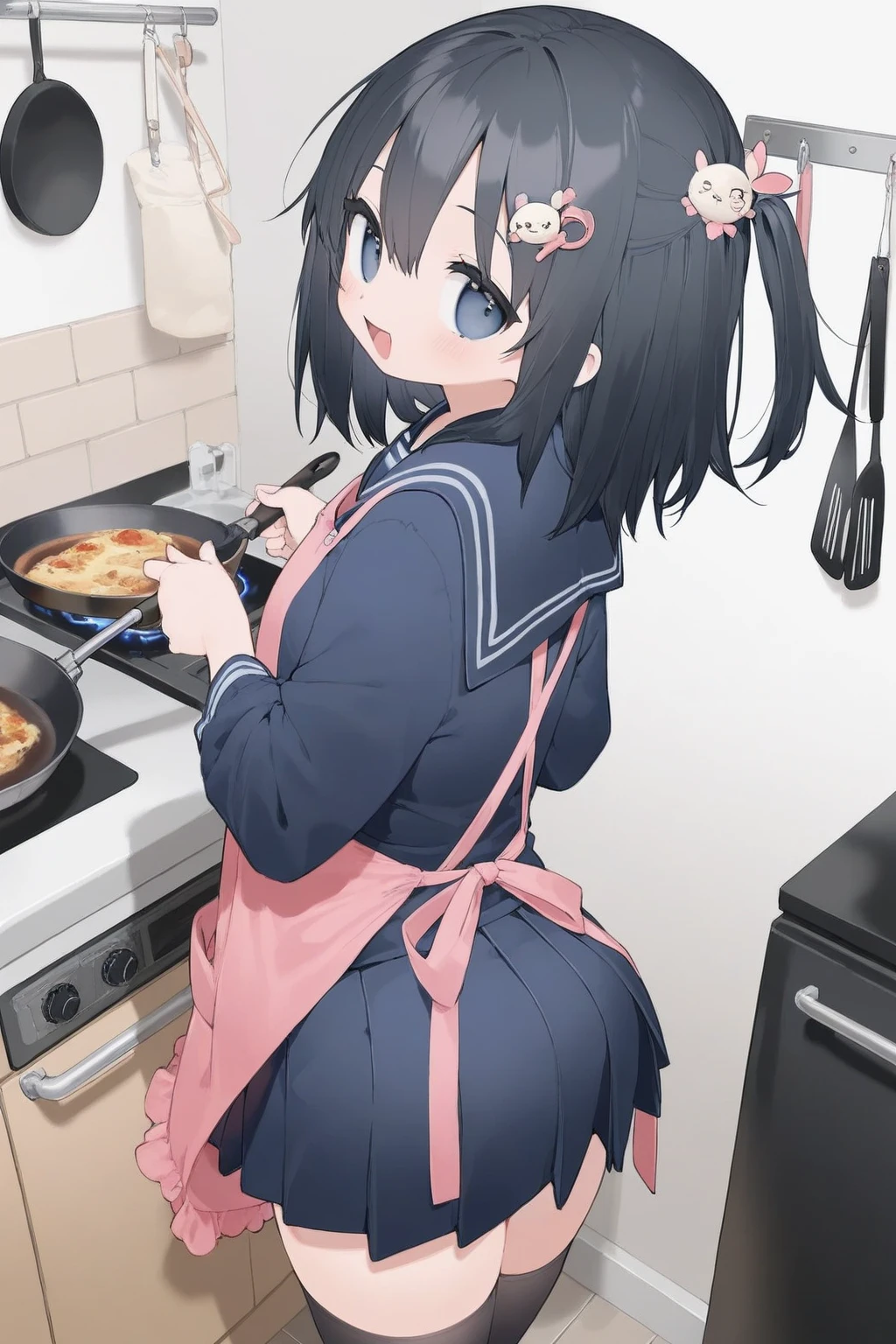 1 girl, Little girl, long hair, black hair, blue eyes, Short sleeved dresses, black clothes, black skirt, short skirt, blue white panties, (((horizontal striped panties))), massive ass, Turn around and look back, mischevious Smile, smirk, Grinning face, fart, onara, fart, farting, big fart, Fart from the ass, Yellow smoke, Yellow smoke is rising, Japanese style dining room