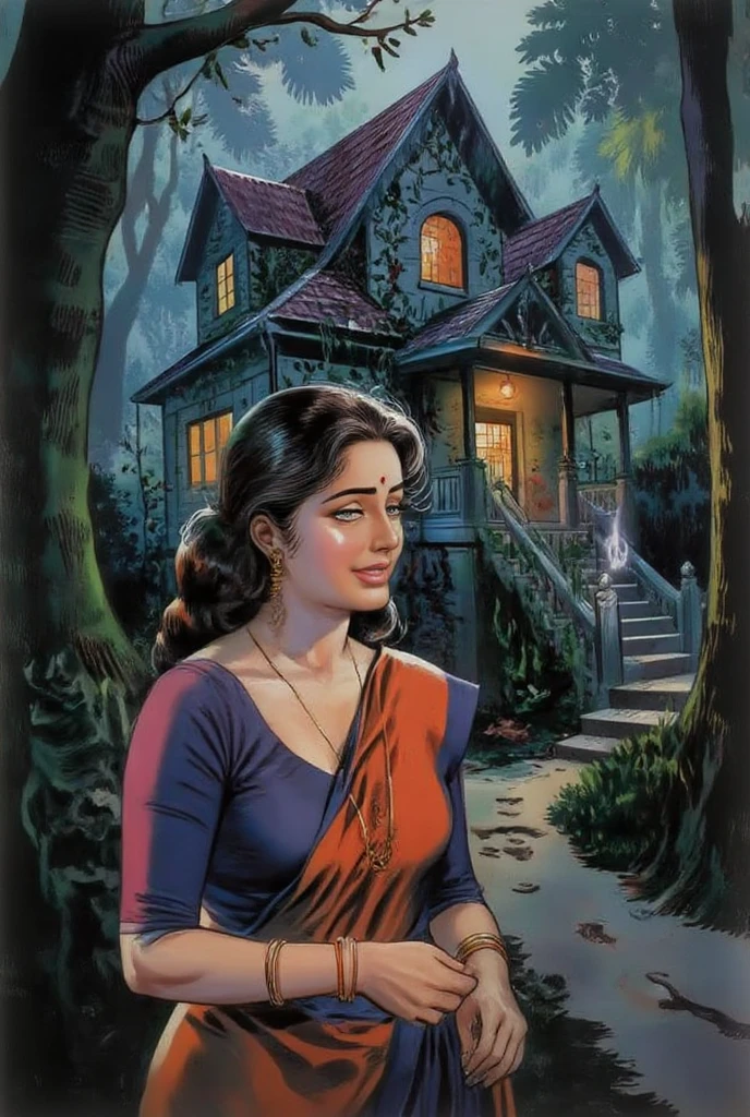 Perfect! Here's a highly detailed **art prompt** for a **village forest bungalow horror scene** with a South Indian theme, keeping the tone spooky yet cinematic:
---
### 🌲🏡 **South Indian Village Forest Bungalow – Horror Scene Prompt:**
*A young South Indian woman in a traditional silk saree, adorned with temple jewelry and jasmine flowers, stands in shock near an old colonial-style forest bungalow deep within a misty jungle. The bungalow, half-swallowed by ing vines and moss, glows eerily with a few dim orange lights from inside. A dirt path leads to its ancient stone steps, and the surrounding forest is dense with towering trees, thick fog, and the distant sound of howling. In the shadows, a ghostly figure or forest spirit watches silently. The woman looks frightened but frozen, her eyes wide with fear as leaves rustle and something unseen moves through the darkness. The mood is suspenseful, cinematic, and rooted in rural folklore.*